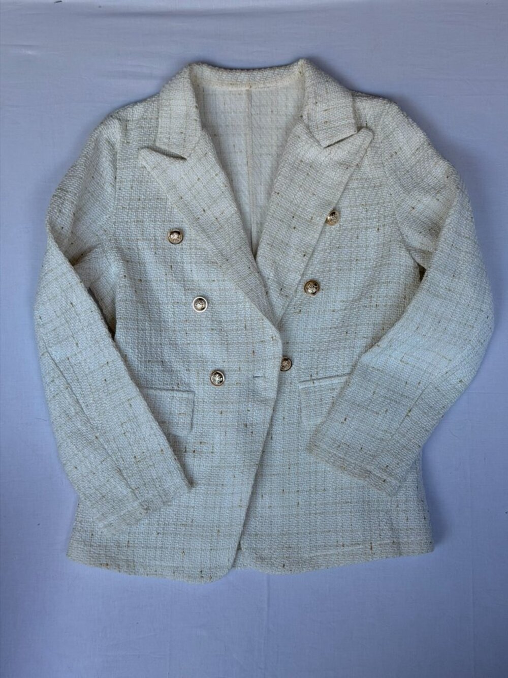 Ivory Tweed Boucle Double-Breasted Blazer Gold Lion Crest Buttons
